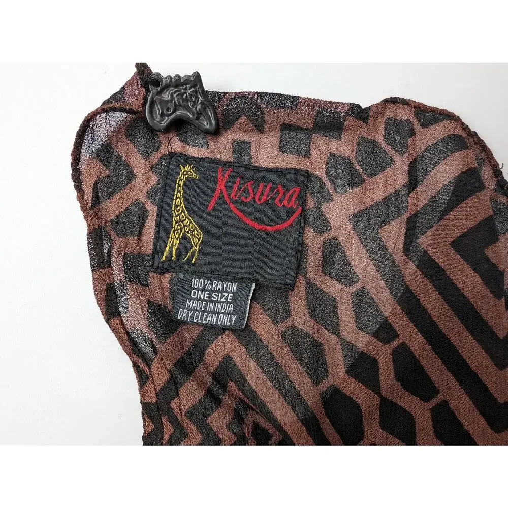 Kisura Scarf Brown Black Stripe Geometric Pattern Beaded Corners Rayon New